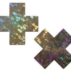 PASTEASE Plus X: Shattered Gold Glass Disco Ball Glitter Cross Nipple Pasties