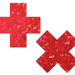 PASTEASE ACCESSORIES Plus X: Shattered Red Glass Disco Ball Glitter Cross Nipple Pasties