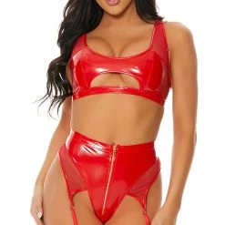 FORPLAY Nightly Duo Vinyl Contrast Lingerie Set-RED