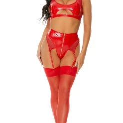 FORPLAY Nightly Duo Vinyl Contrast Lingerie Set-RED