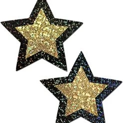 PASTEASE Black Glitter Star With Petite Gold Glitter Center Nipple Pasties ACCESSORIES
