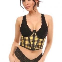 DAISY CORSET Lavish Yellow Plaid Satin Open Cup Waist Cincher WOMEN