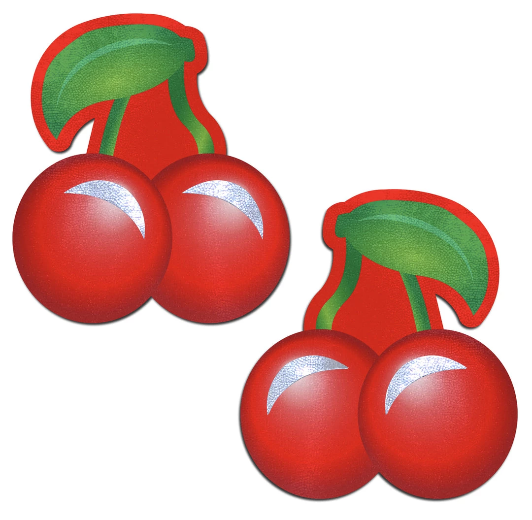 PASTEASE ACCESSORIES Cherry: Bright Red Cherries With Green Leaf & Stem Nipple Pasties 3 PASTEASE ACCESSORIES Cherry: Bright Red Cherries With Green Leaf & Stem Nipple Pasties