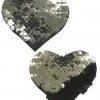 PASTEASE Love: Silver & Black Color Changing Sequin Heart Nipple Pasties ACCESSORIES