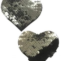 PASTEASE Love: Silver & Black Color Changing Sequin Heart Nipple Pasties ACCESSORIES