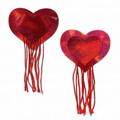 PASTEASE Tassels: Red Holographic Hearts With Tassel Fringe Nipple Pasties