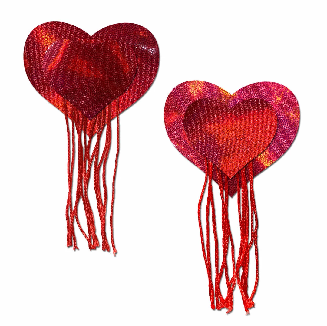 PASTEASE Tassels: Red Holographic Hearts With Tassel Fringe Nipple Pasties 3 PASTEASE Tassels: Red Holographic Hearts With Tassel Fringe Nipple Pasties