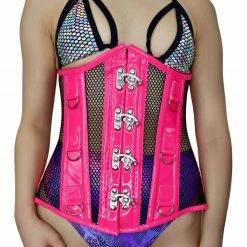 DAISY CORSET Top Drawer Steel Boned Hot Pink Patent & Fishnet Under Bust Corset