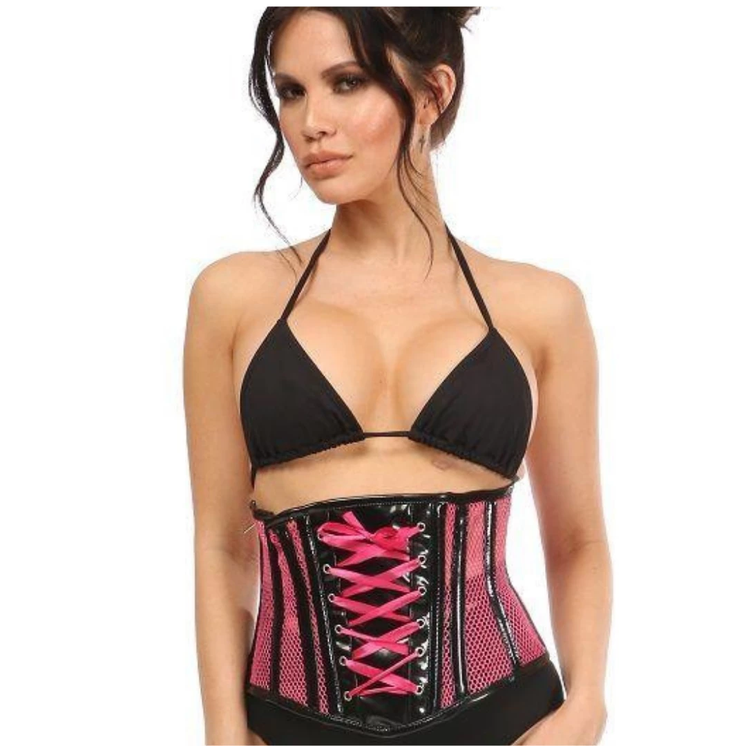 DAISY CORSET Top Drawer Neon Pink Patent & Fishnet Underbust Corset 3 DAISY CORSET Top Drawer Neon Pink Patent & Fishnet Underbust Corset