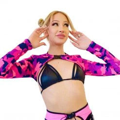 RAVELAND NEW ARRIVALS PINK WARFARE CAMO SHRUG TOP