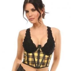 DAISY CORSET Lavish Yellow Plaid Satin Open Cup Waist Cincher WOMEN