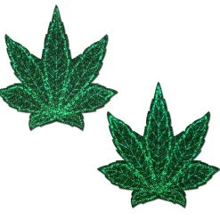 PASTEASE Indica Pot Leaf: Glitter Green Weed Nipple Pasties ACCESSORIES