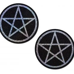 PASTEASE Pentagram: Black And Silver Glitter Pentagram Nipple Pasties HEADBANGER COLLECTION