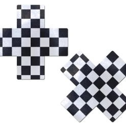 PASTEASE ACCESSORIES Plus X: Black & White Checker Cross Nipple Pasties
