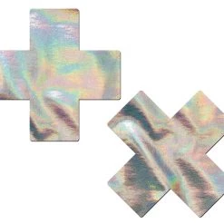 PASTEASE Plus X: Sassy Silver Holographic Cross Nipple Pasties