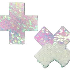 PASTEASE Plus X: Pearl & White Flip Sequin Cross Nipple Pasties