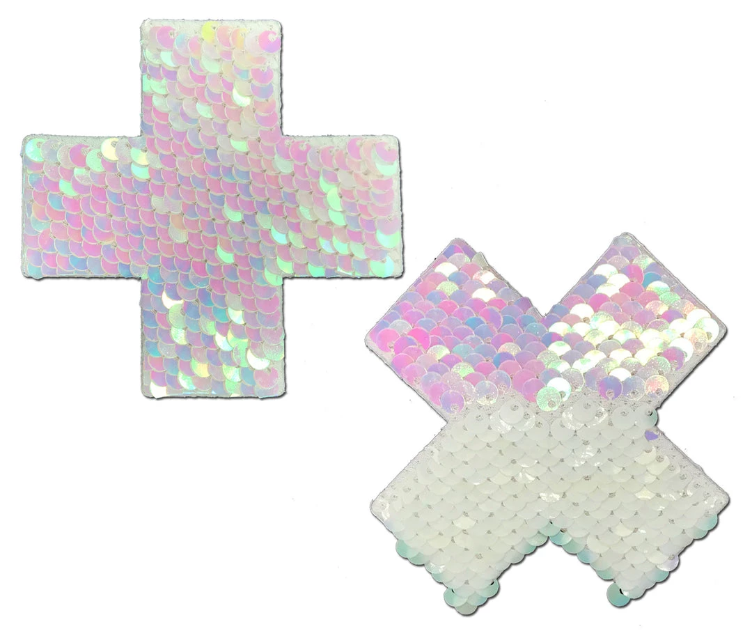 PASTEASE Plus X: Pearl & White Flip Sequin Cross Nipple Pasties 3 PASTEASE Plus X: Pearl & White Flip Sequin Cross Nipple Pasties