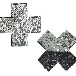PASTEASE Plus X: Silver & Black Flip Sequin Cross Nipple Pasties ACCESSORIES
