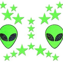PASTEASE ALIENS COLLECTION Set: Neon/Glow In The Dark Green & Black Alien With 6 Mini Glow Stars And 10 Baby Glow Stars Nipple & Body Pasties