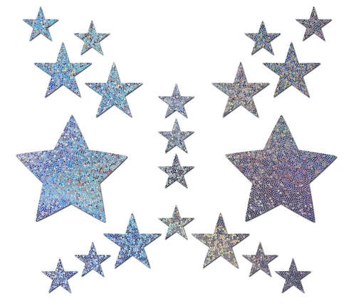 Pastease Set: Silver Glitter Star With 6 Mini Stars And 10 Baby Stars Nipple & Body Pastie 3 Pastease Set: Silver Glitter Star With 6 Mini Stars And 10 Baby Stars Nipple & Body Pastie
