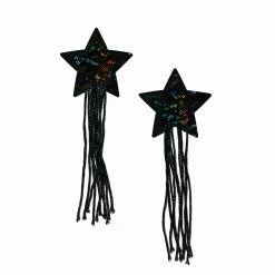 Tassel Pasties: Black Glitter Star Pastease With Long Fringe Nipple Pasties HEADBANGER COLLECTION