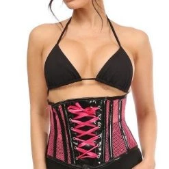 DAISY CORSET Top Drawer Neon Pink Patent & Fishnet Underbust Corset