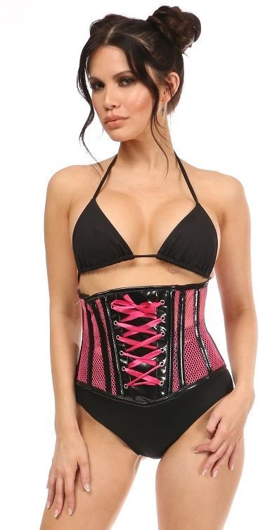 DAISY CORSET Top Drawer Neon Pink Patent & Fishnet Underbust Corset 4 DAISY CORSET Top Drawer Neon Pink Patent & Fishnet Underbust Corset